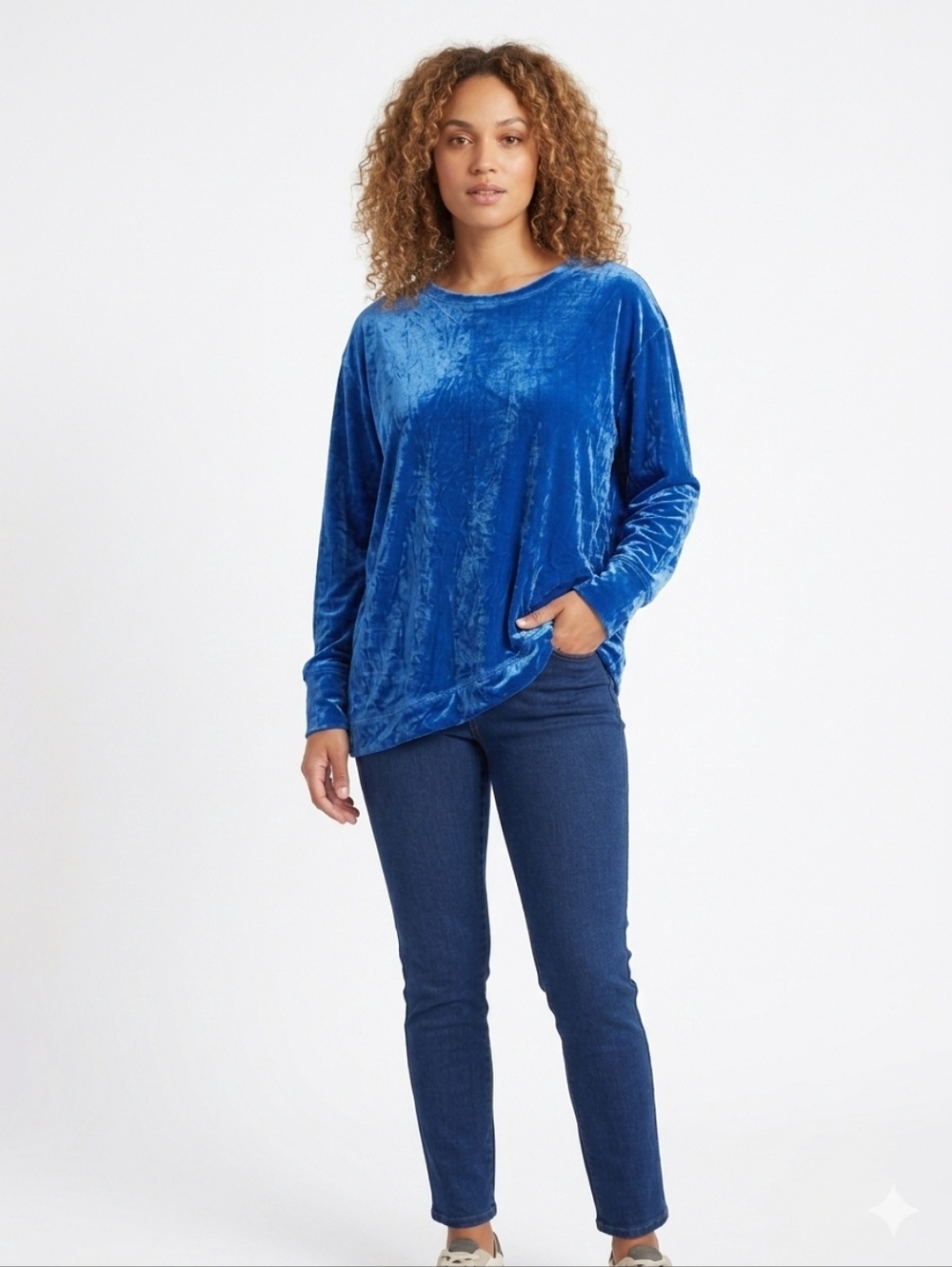 Royal Blue Velvet Long-Sleeve Asymmetrical Top Up To Size 3XL